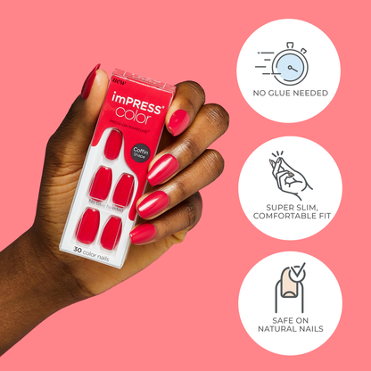 A hand holding a package of imPRESS press on nails with text describing 3 key benefits of the nails in &