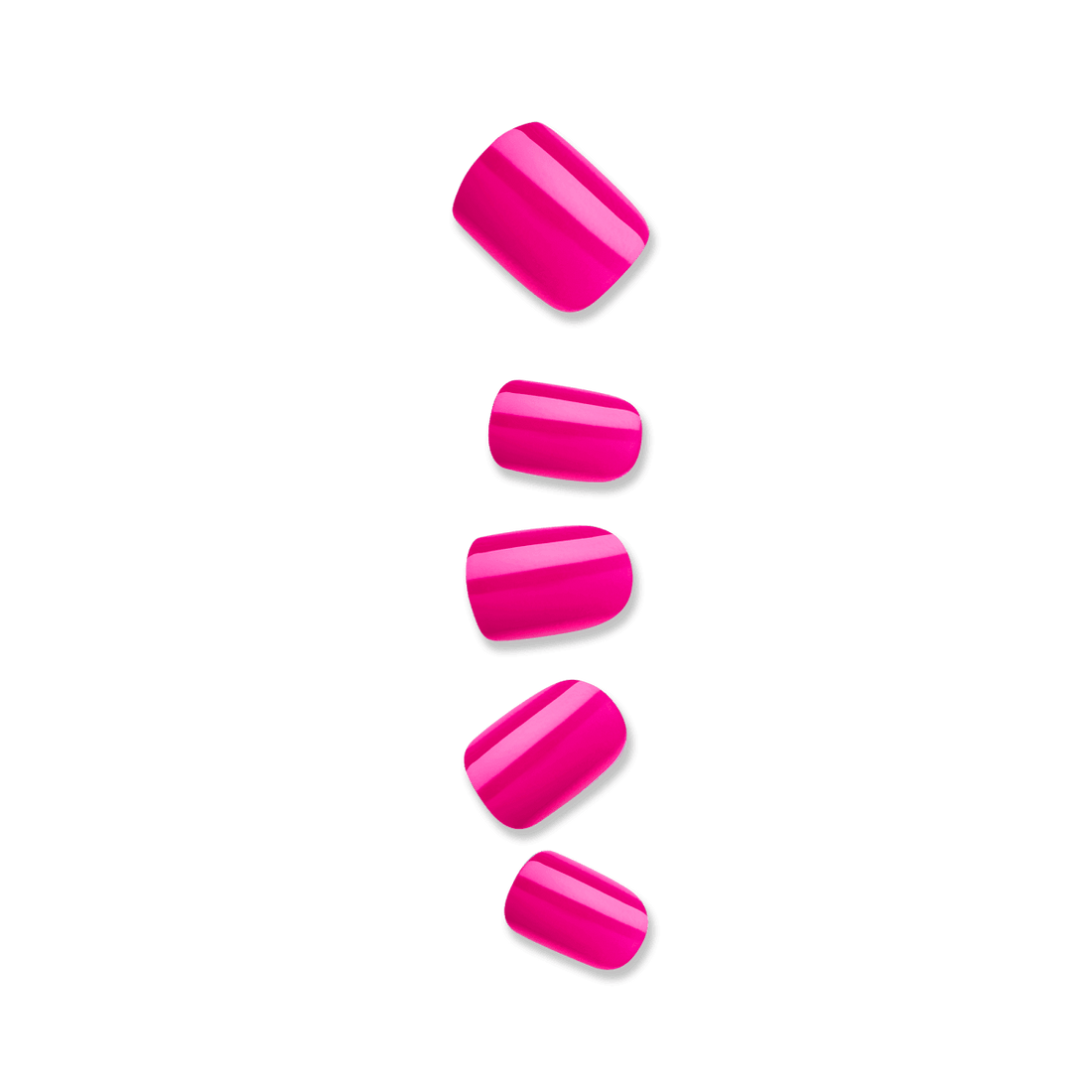 Five nails against a white background. Nails are short, squoval shape in bright pink color. Nails are &