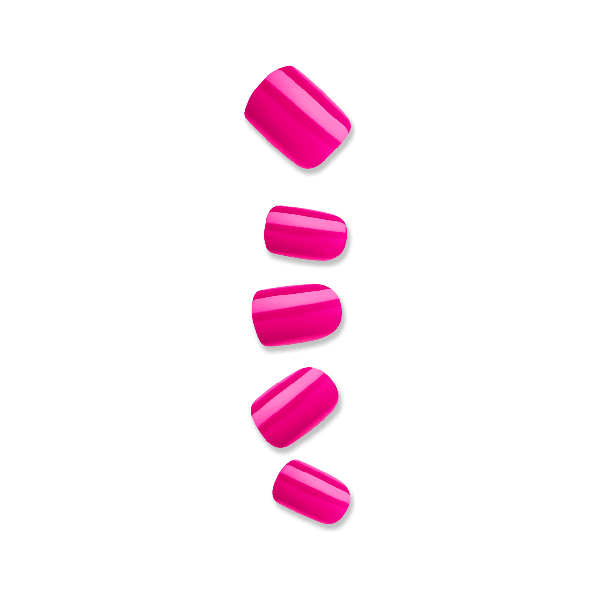Five nails against a white background. Nails are short, squoval shape in bright pink color. Nails are &