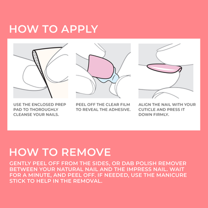 Three images with text describing the quick and easy steps to applying imPRESS press on nails, no glue needed for secure application.