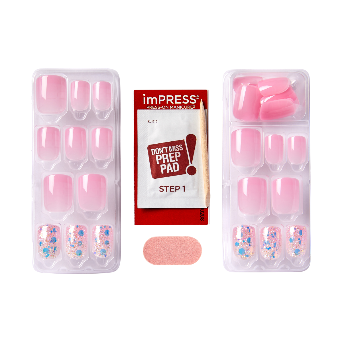 imPRESS Press-On Manicure KU1215 with prep pad, pink nails with glitter accents