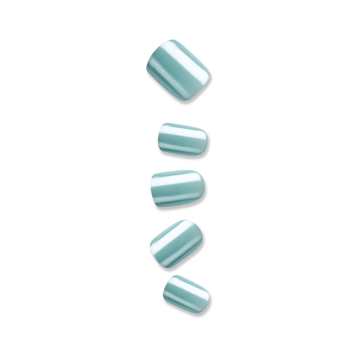 Five shimmery mint green artificial nails in medium squoval shape by imPRESS displayed