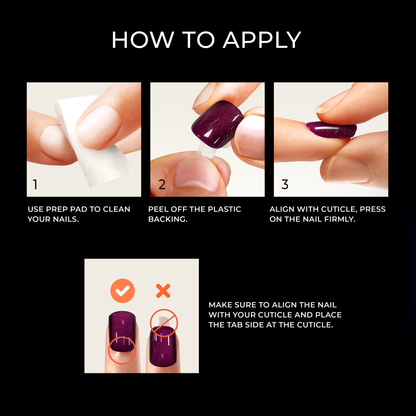 Four images with text describing the steps to apply imPRESS ColorFX press-on nails in &