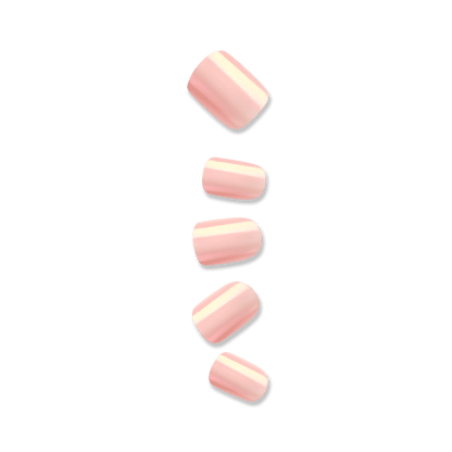 Five artificial nails against a white background. Nails are short, squoval shape in pink with a mirrored effect in &