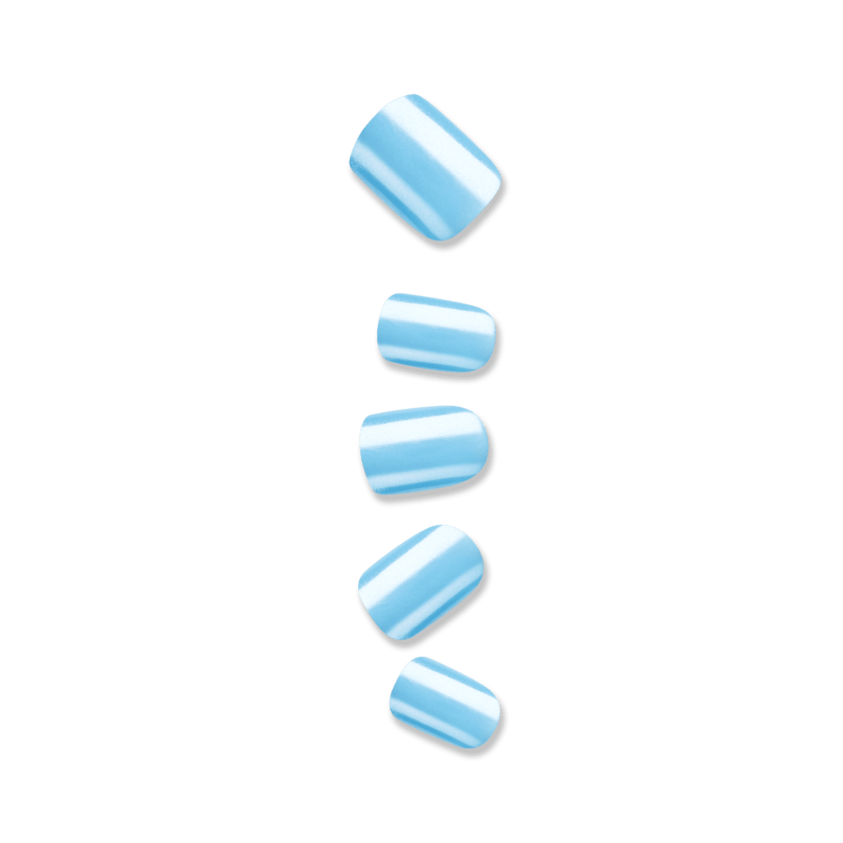 A display of 5 artificial imPRESS nails in squoval shapes in a light blue metallic color.