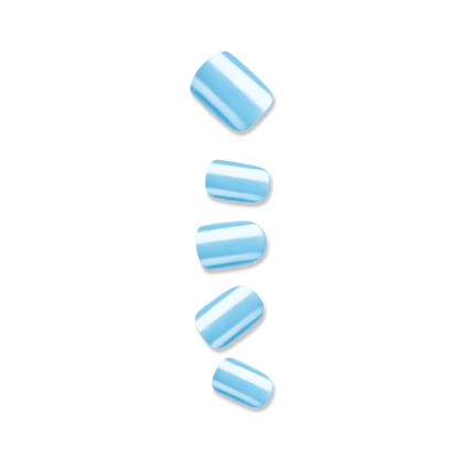 A display of 5 artificial imPRESS nails in squoval shapes in a light blue metallic color.