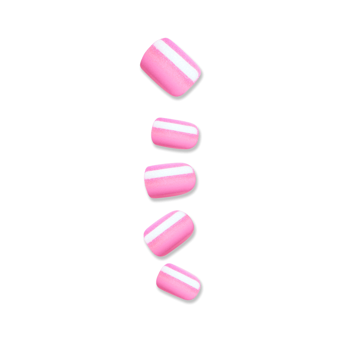 Five shimmery pink artificial nails in short, squoval shape against a white background. Nails are press-on in &