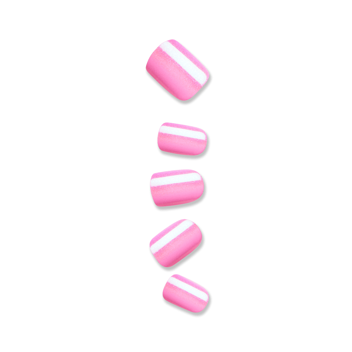 Five shimmery pink artificial nails in short, squoval shape against a white background. Nails are press-on in &