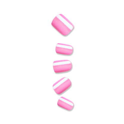 Five shimmery pink artificial nails in short, squoval shape against a white background. Nails are press-on in &