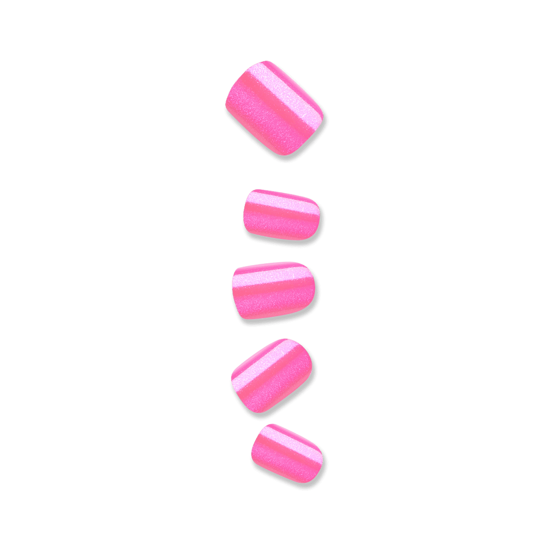 Five short, squoval nails in shimmery, hot pink against a white background. Nails are press-on from imPRESS Color FX in &