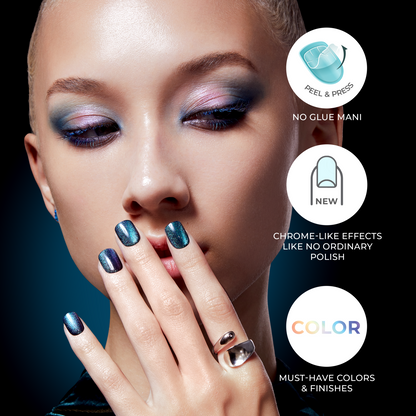 A woman wearing press-on nails from imPRESS ColorFX with text describing 3 key features of the press-on nails in &