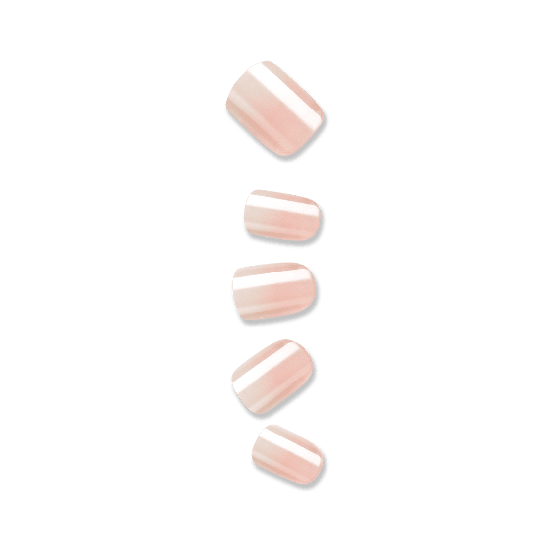 Five short, squoval press-on nails in white with glazed effect against a white background. Nails are imPRESS Color FX in &