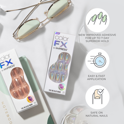 Two packages of imPRESS ColorFX press-on nails with text describing 3 key features of the nails. 