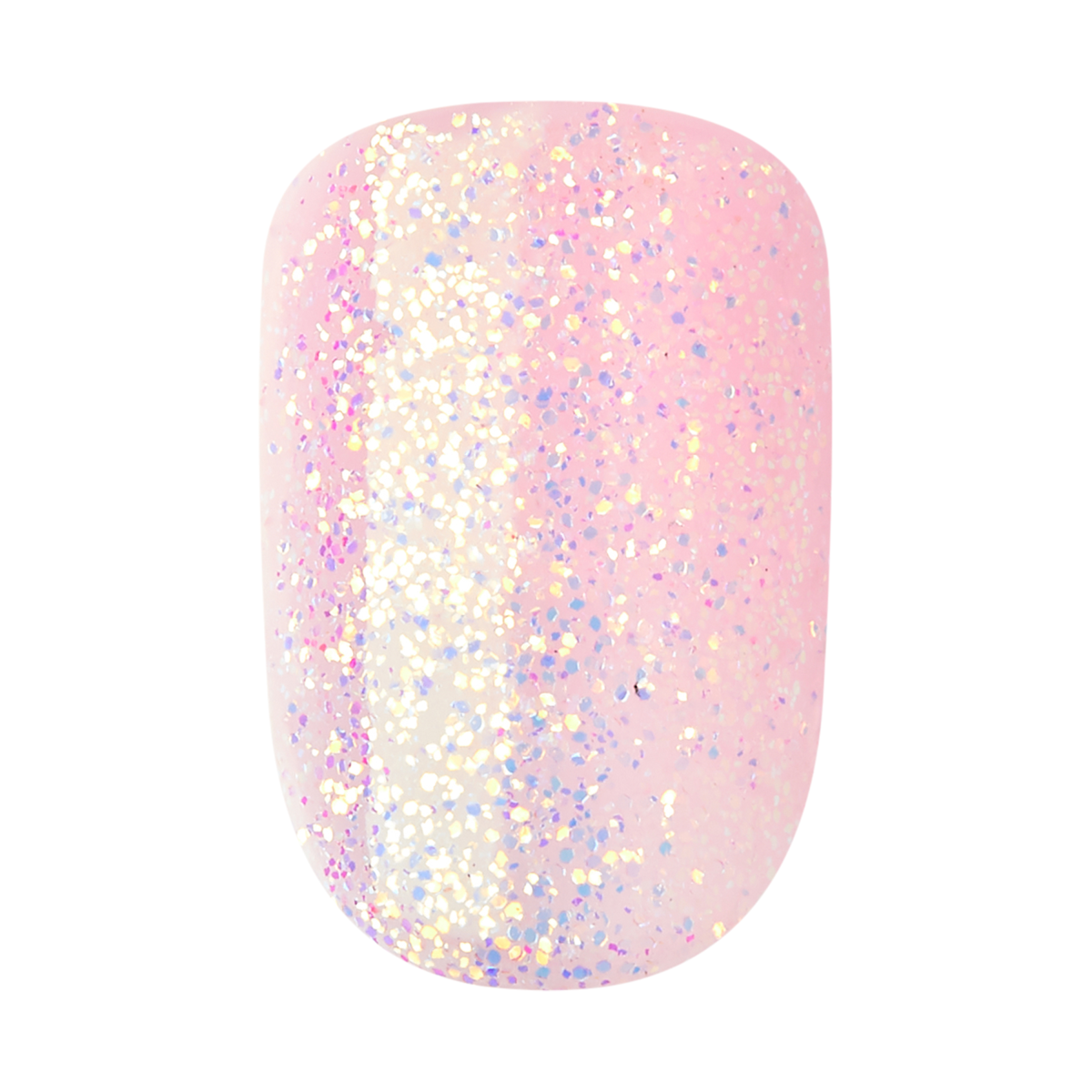 A single press-on nail in short, squoval shape in light pink with glitter detail. Nail is from imPRESS Color FX in &