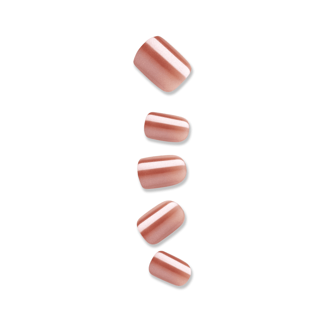 Five press-on nails against a white background. Nails are short, squoval shape in nude with mirror effect from imPRESS in &