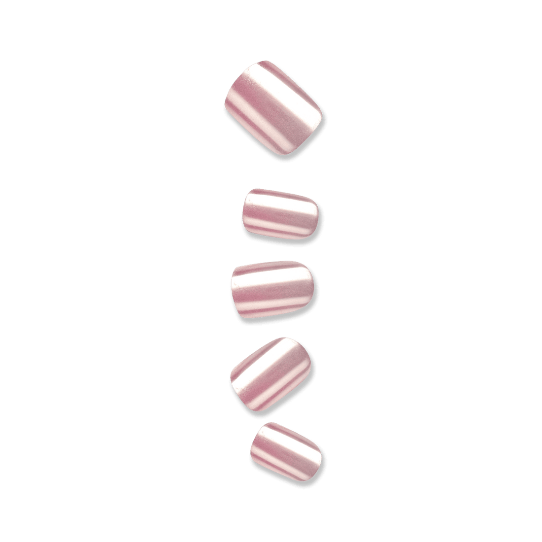 Five press on nails against a white background. Nails are short, squoval shape in a shiny, mint green color and are &