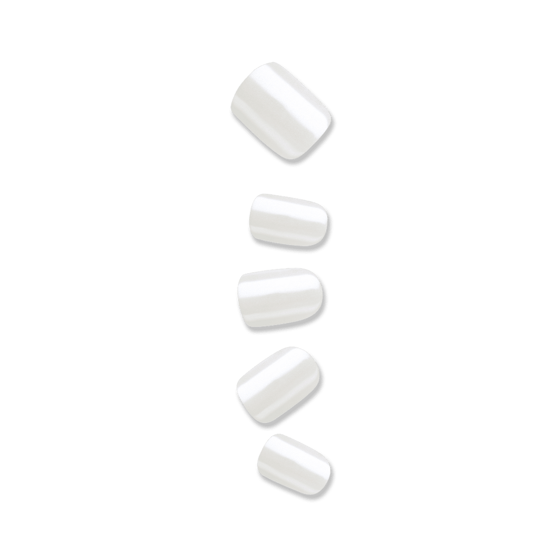 Five white, shimmery, short, squoval nails against a white background. Nails are imPRESS Color FX in &