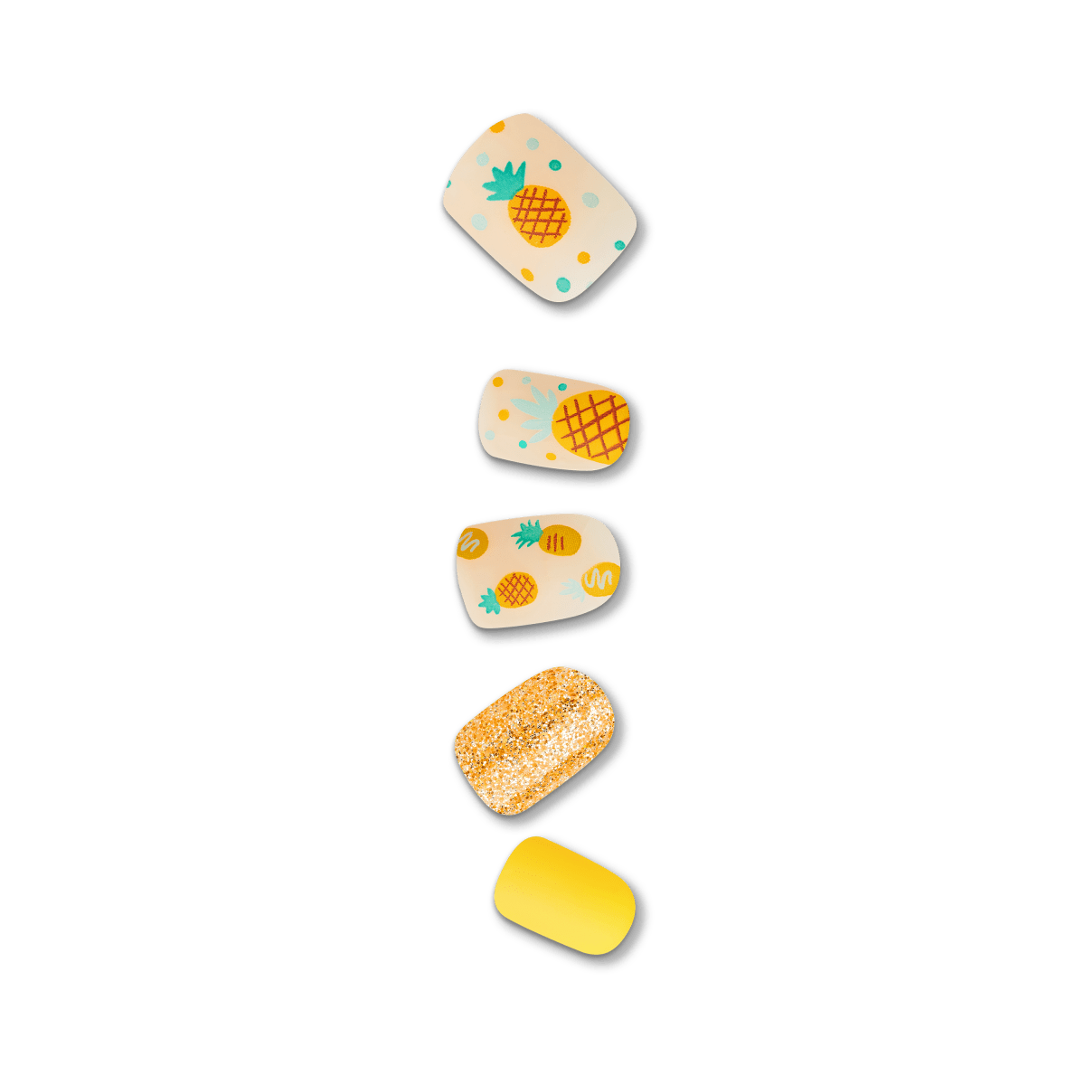 Five pineapple-themed erasers in varying designs and colors stacked vertically.