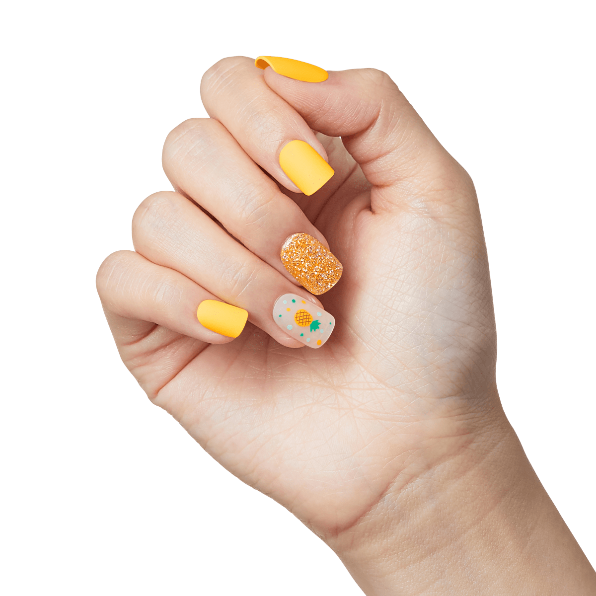 Yellow manicure with glitter, solid polish, and pineapple nail art design.