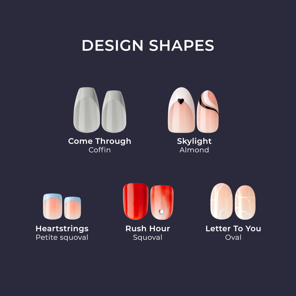 Six nail design shapes with names: Coffin, Almond, Petite Squoval, Squoval, and Oval styles.