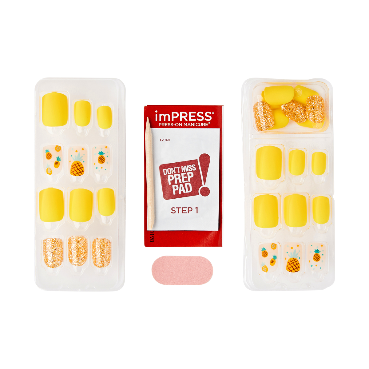 imPRESS Press-On Manicure nail sets in yellow with pineapple designs and prep pad.