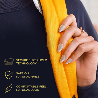 Woman displaying manicured nails with "Secure Superhold Technology" product benefits listed.