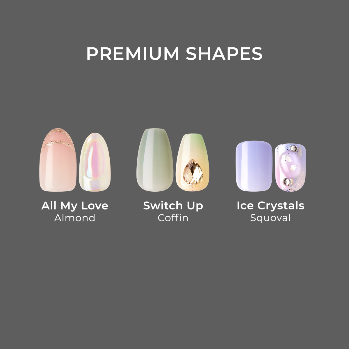 Premium nail shapes: Almond, Coffin, Squoval designs with gems and gradients