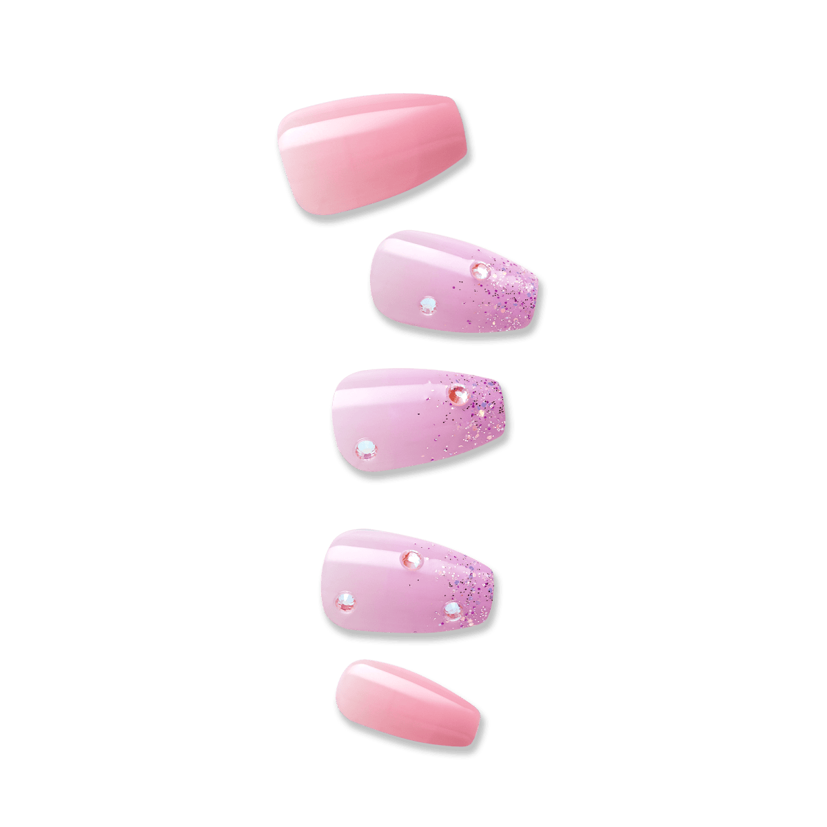 Five pink press-on nails with glitter and rhinestone embellishments in varying designs.