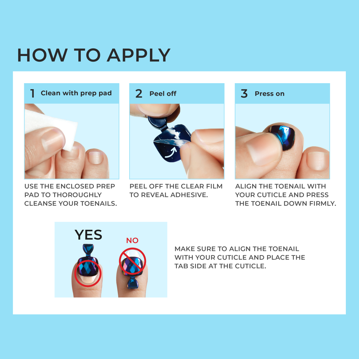 Step-by-step instructions for applying nail wraps with prep pad, peel, and press techniques.
