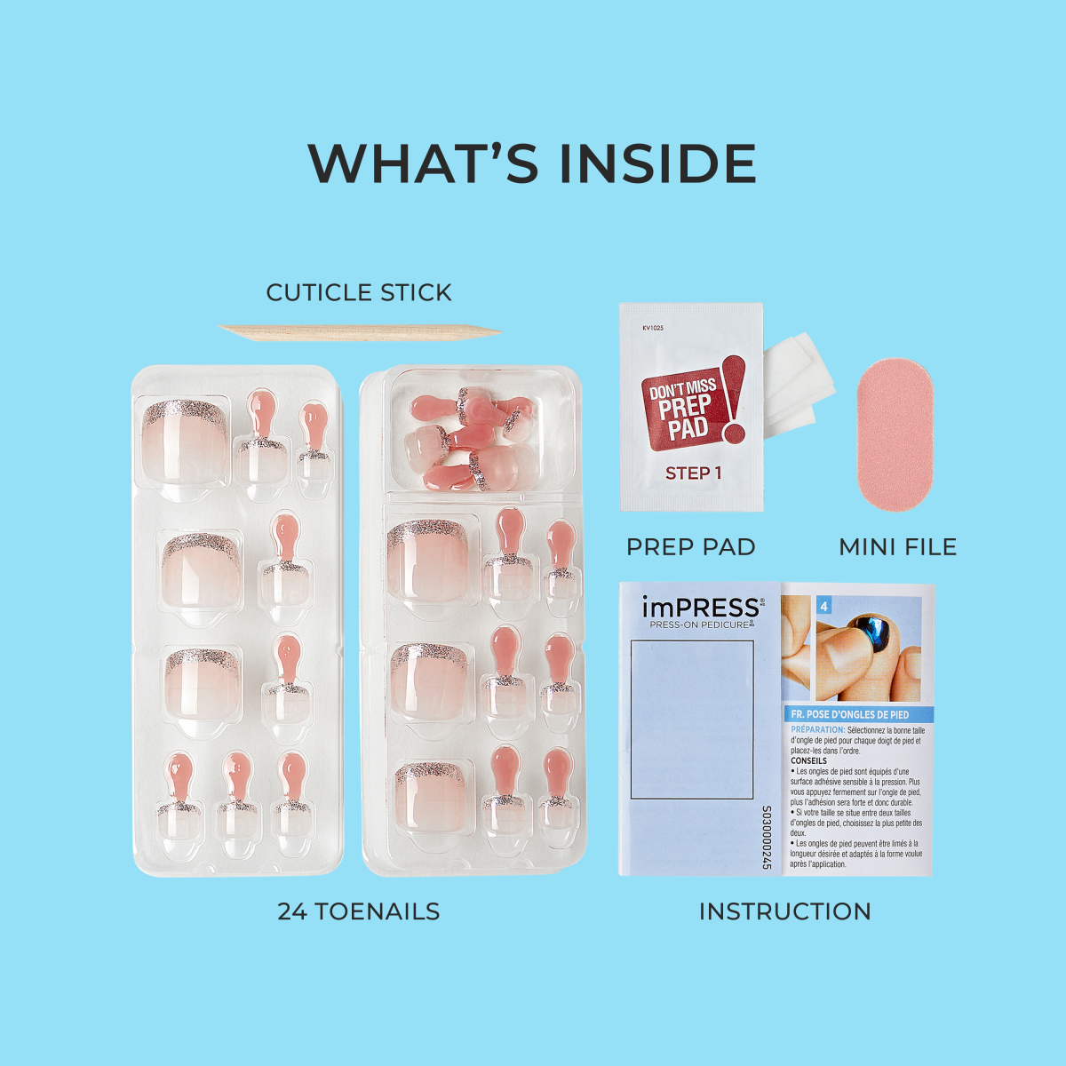 Press-on nail kit contents: 24 nails, cuticle stick, prep pad, mini file, instructions.