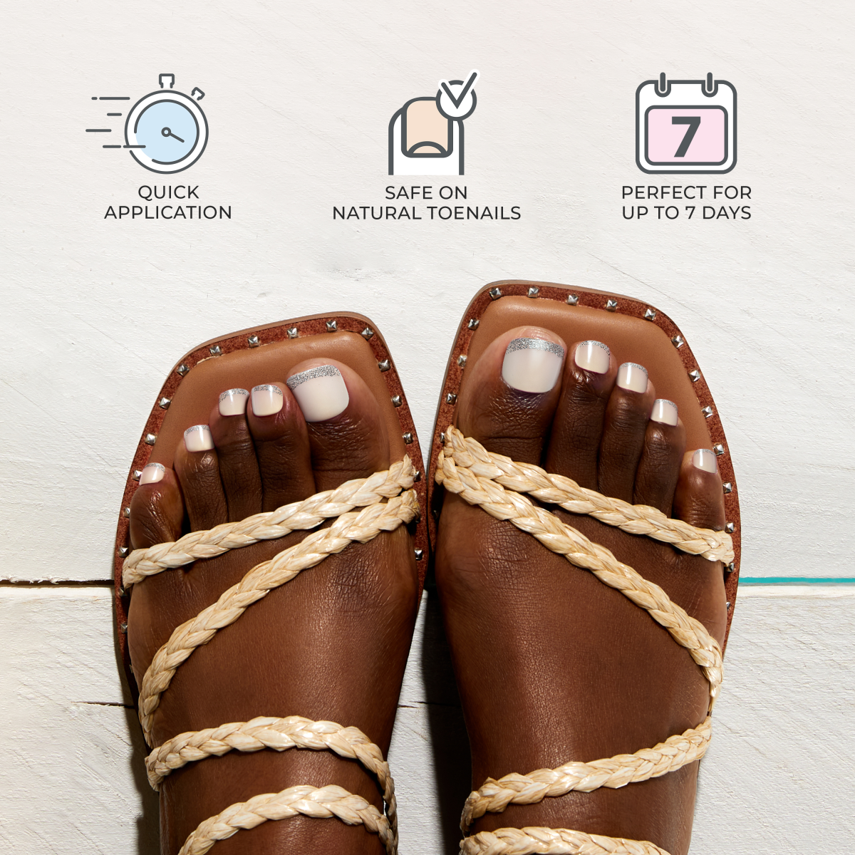 Manicured feet in brown sandals displaying nail polish with product benefits: quick application, safe on natural...