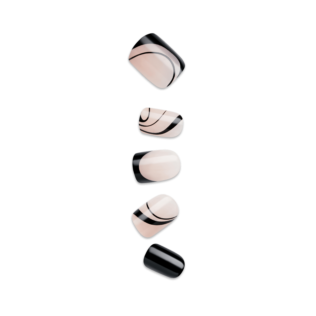 Five press-on nails in nude and black designs arranged vertically.