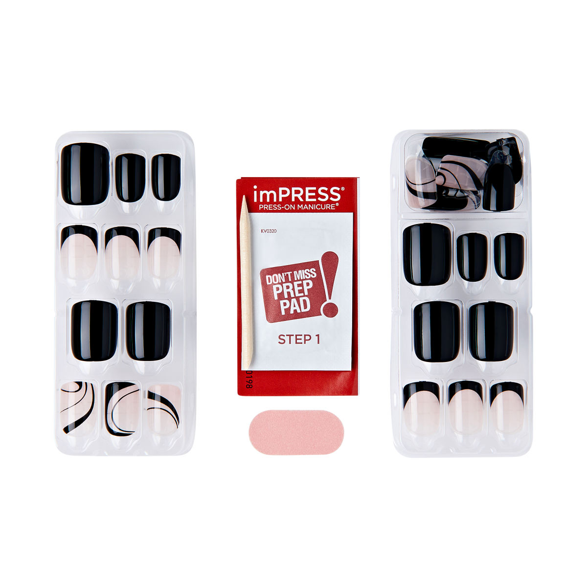 imPRESS Press-On Manicure kit with nail designs, prep pad, and applicator tools.