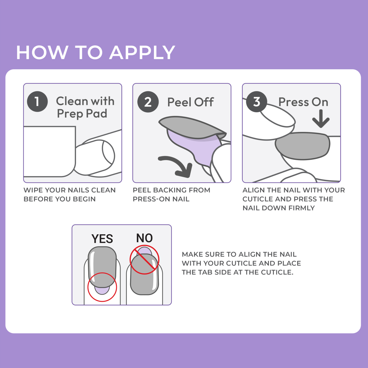 Press-on nail application instructions: clean, peel, and press in 3 steps with alignment guide.