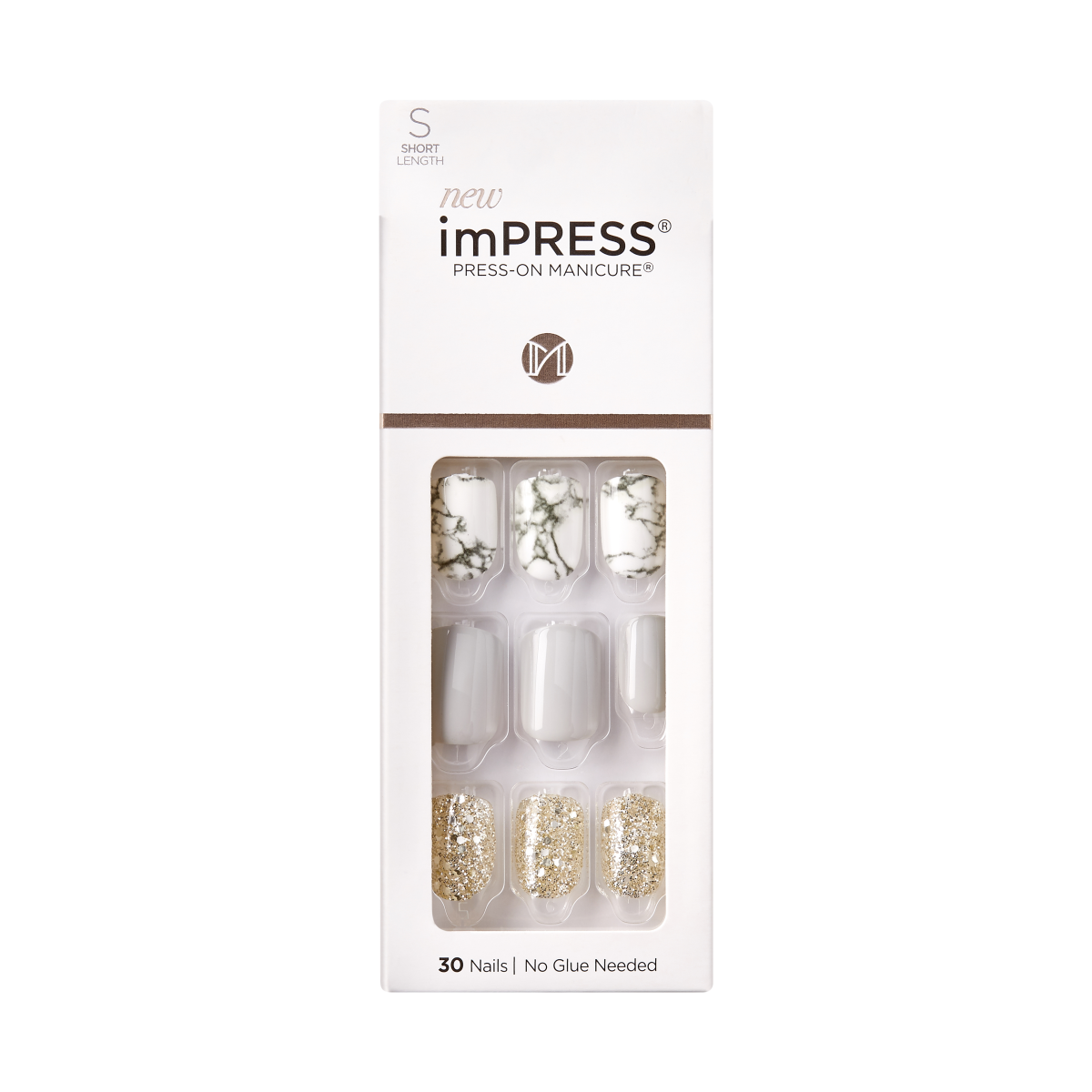 imPRESS Press-On Manicure Short Length nails with marble and gold glitter design
