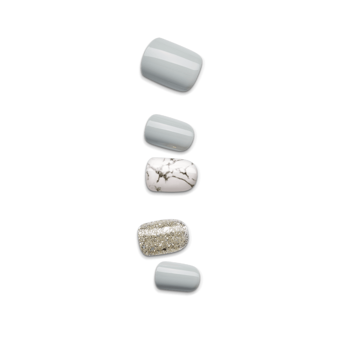 Five AirPods Pro cases in gray, marble, and sparkle finishes arranged vertically.