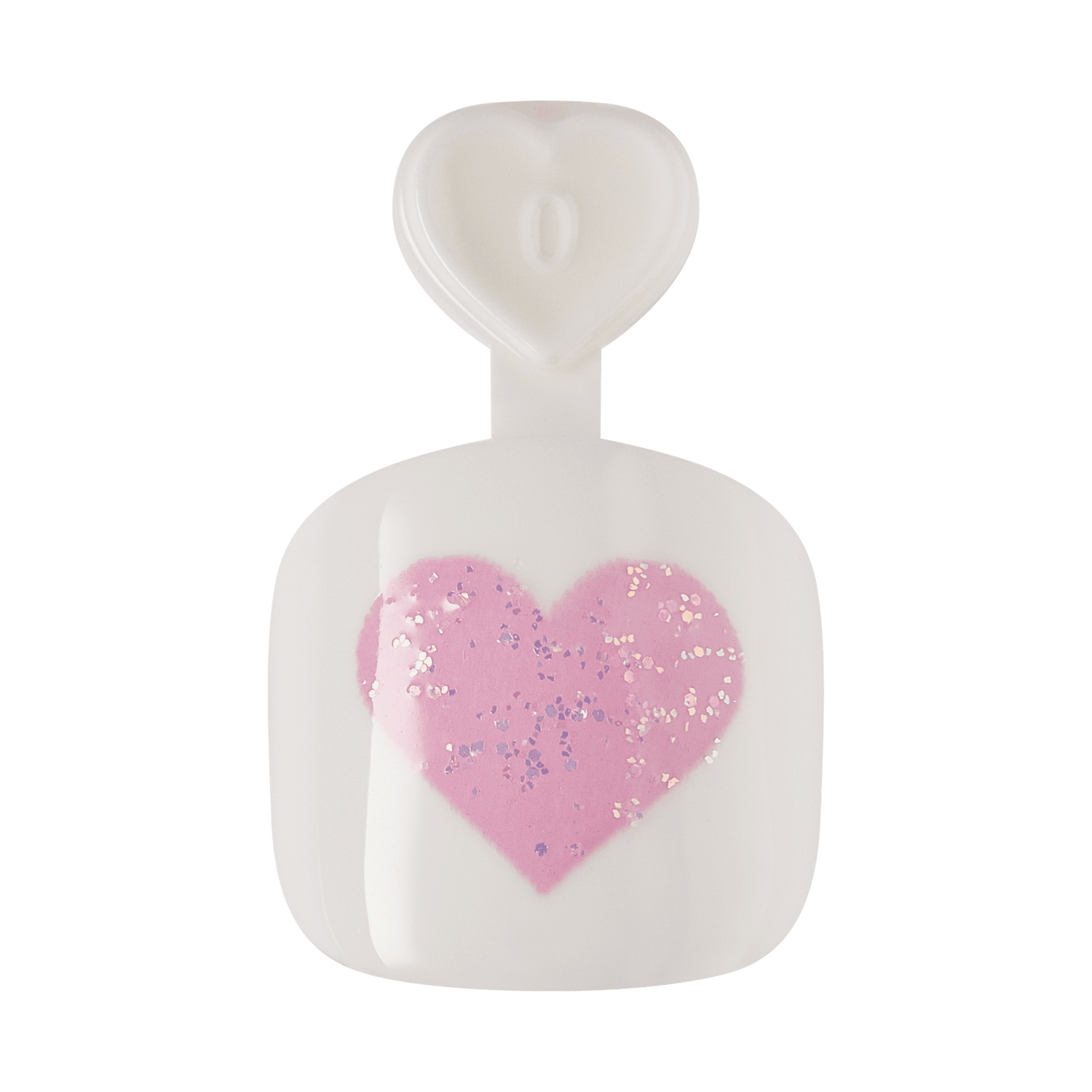 White perfume bottle with pink glittery heart design on front