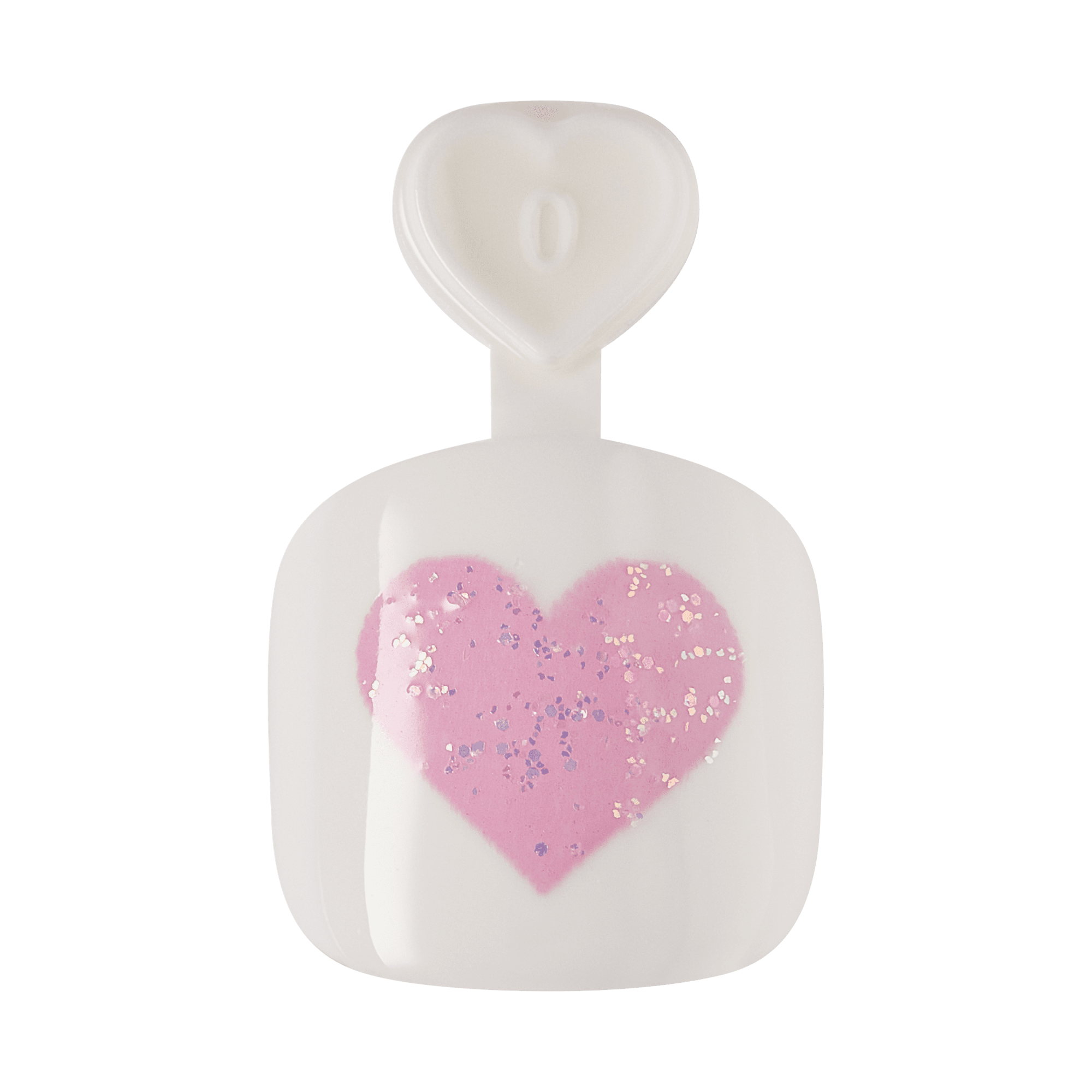 White perfume bottle with pink glittery heart design on front