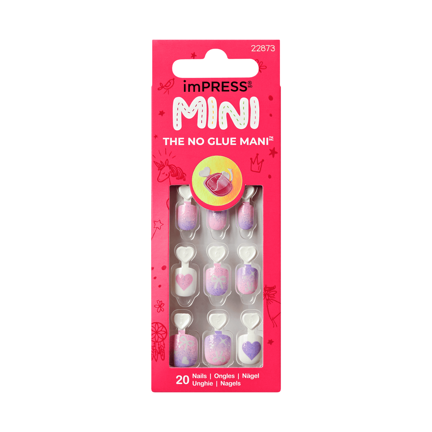 imPRESS MINI nail set with 20 pre-glued nails in pink and purple designs