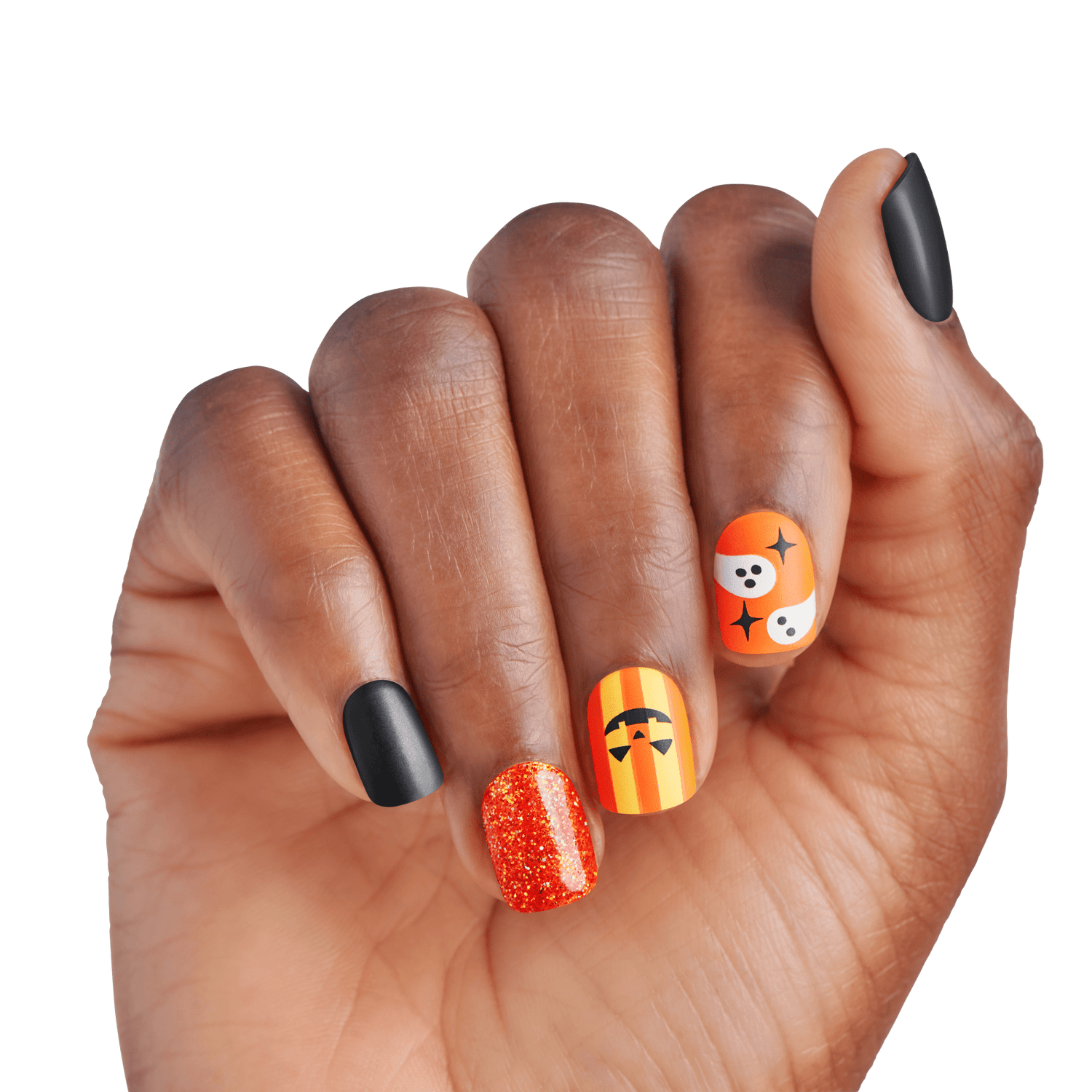 Impress Design Halloween No Glue Fake Press On Nails - Dead Glam | Design, Orange &amp; Black, Short, Squoval, Glow In The Dark, Manicure