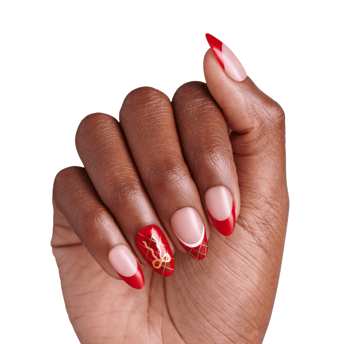 Impress Design Holiday No Glue Fake Press On Nails - Holly | French Design, Red, Medium, Almond, Manicure