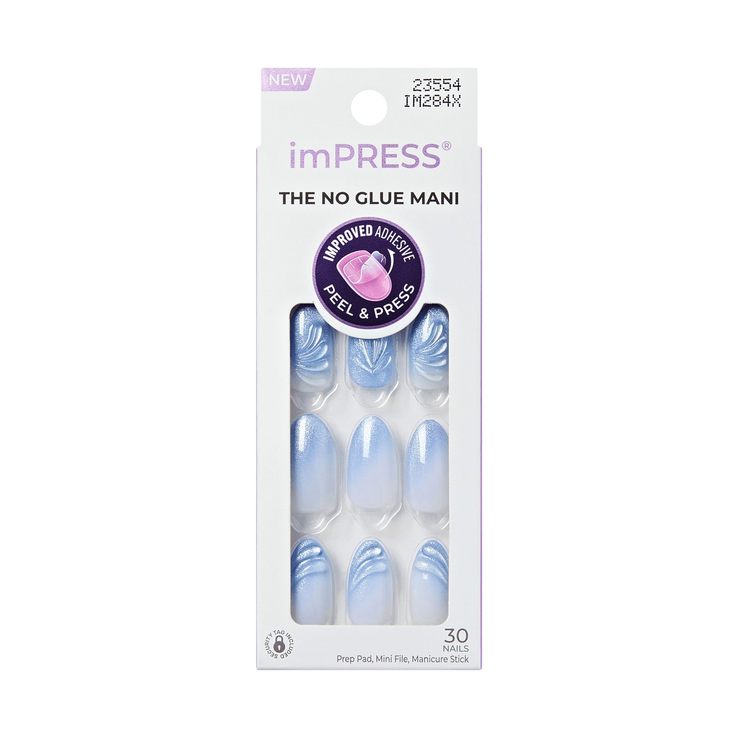 imPRESS no glue mani nail packaging with blue and white nails