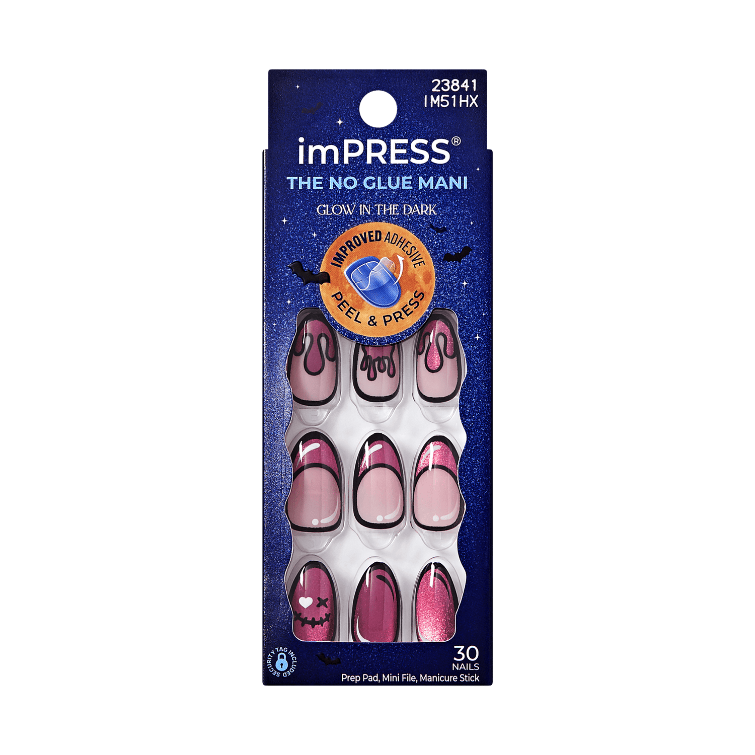 Impress Design Halloween No Glue Fake Press On Nails - Scary Glow | French Design, Pink, Medium, Almond, Glow In The Dark, Manicure