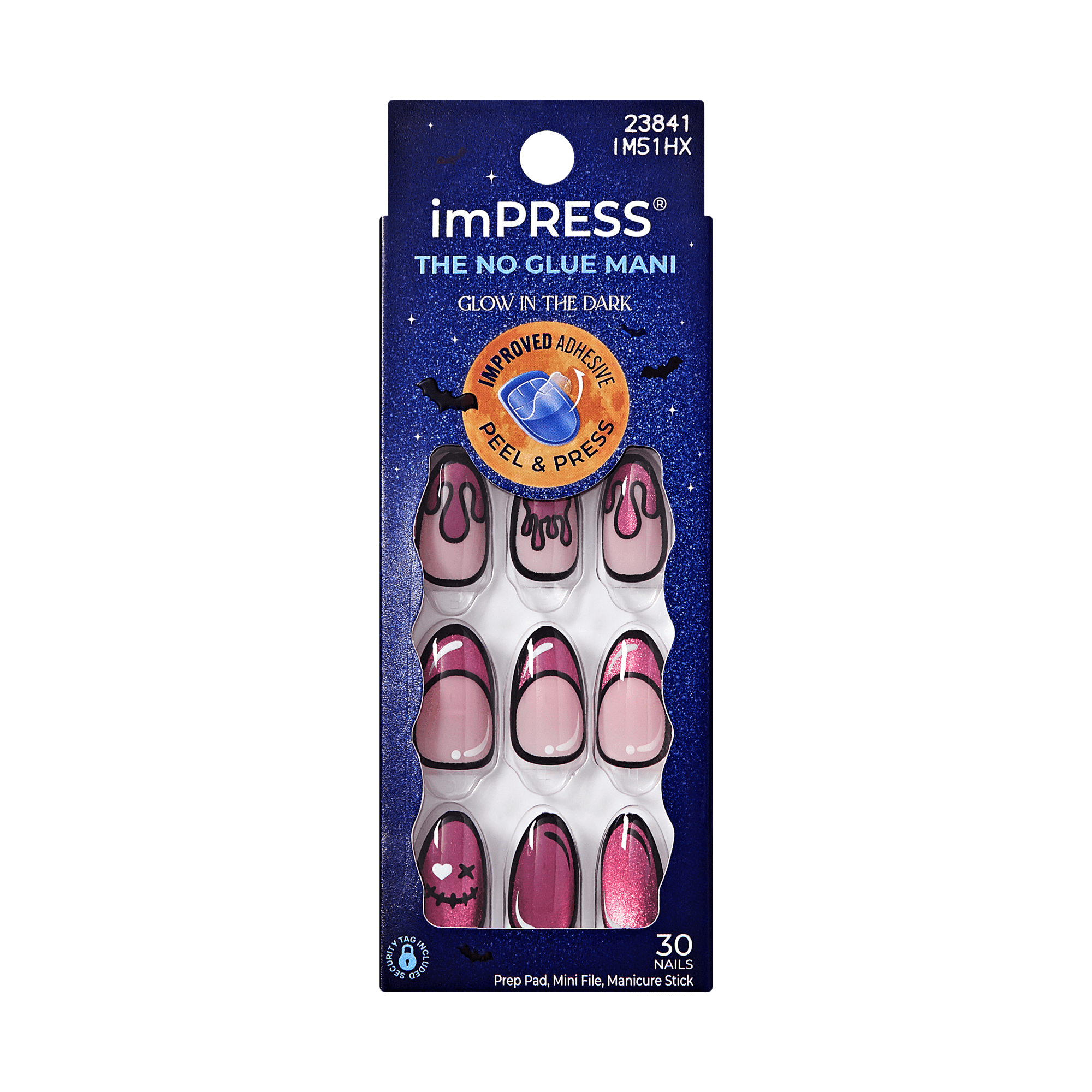 Impress Design Halloween No Glue Fake Press On Nails - Scary Glow | French Design, Pink, Medium, Almond, Glow In The Dark, Manicure