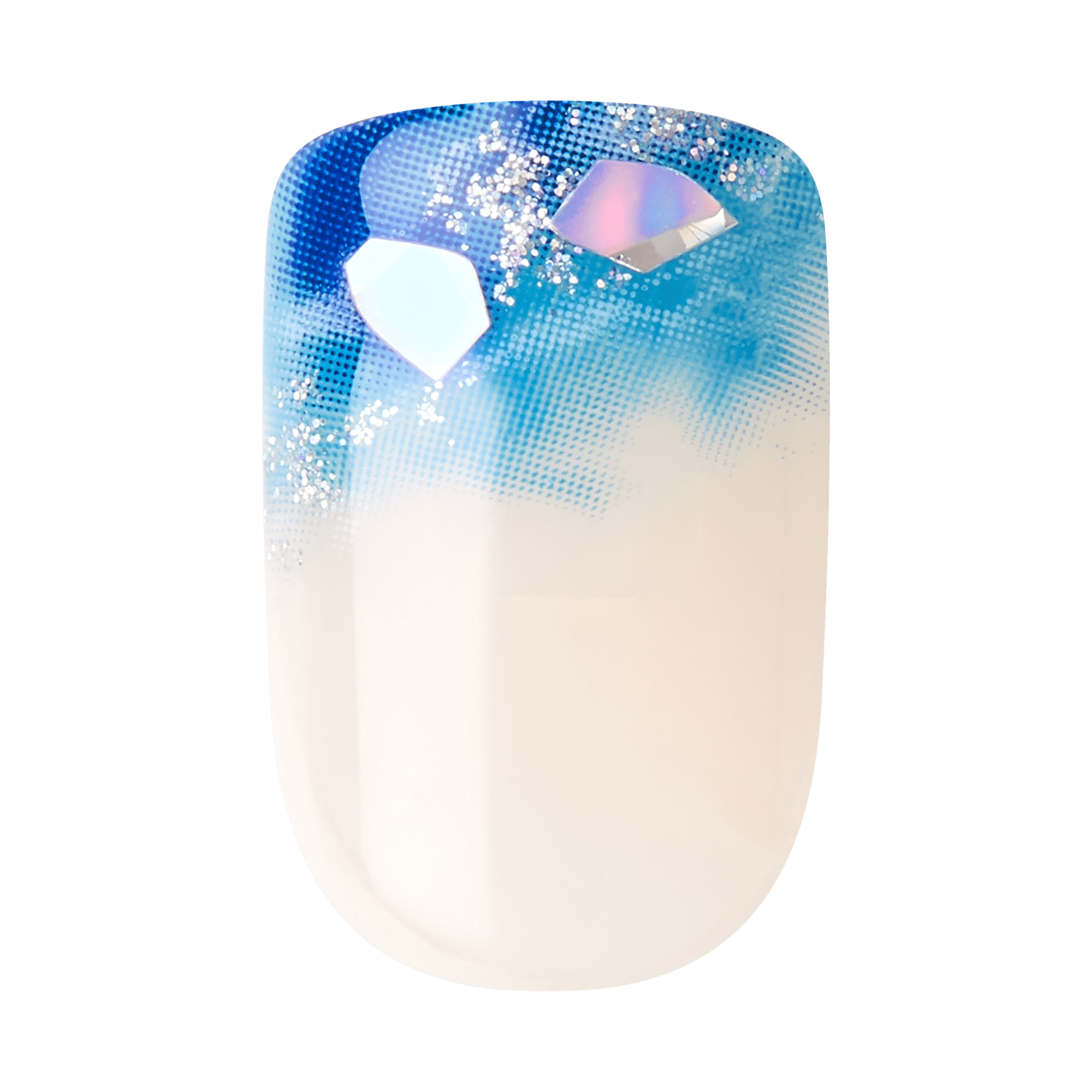 Single press-on nail with a white base, blue gradient tips, silver glitter, and two iridescent gem-like accents near the top edge.