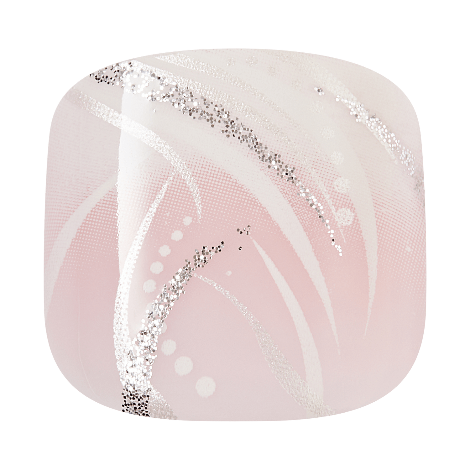 Pink square toenail with white abstract design and glitter specks