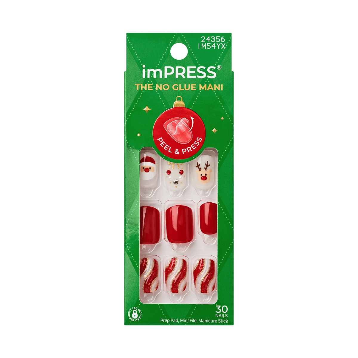 Impress Design Holiday No Glue Fake Press On Nails - Starlit | Design, Red &amp; White, Short, Squoval, Manicure