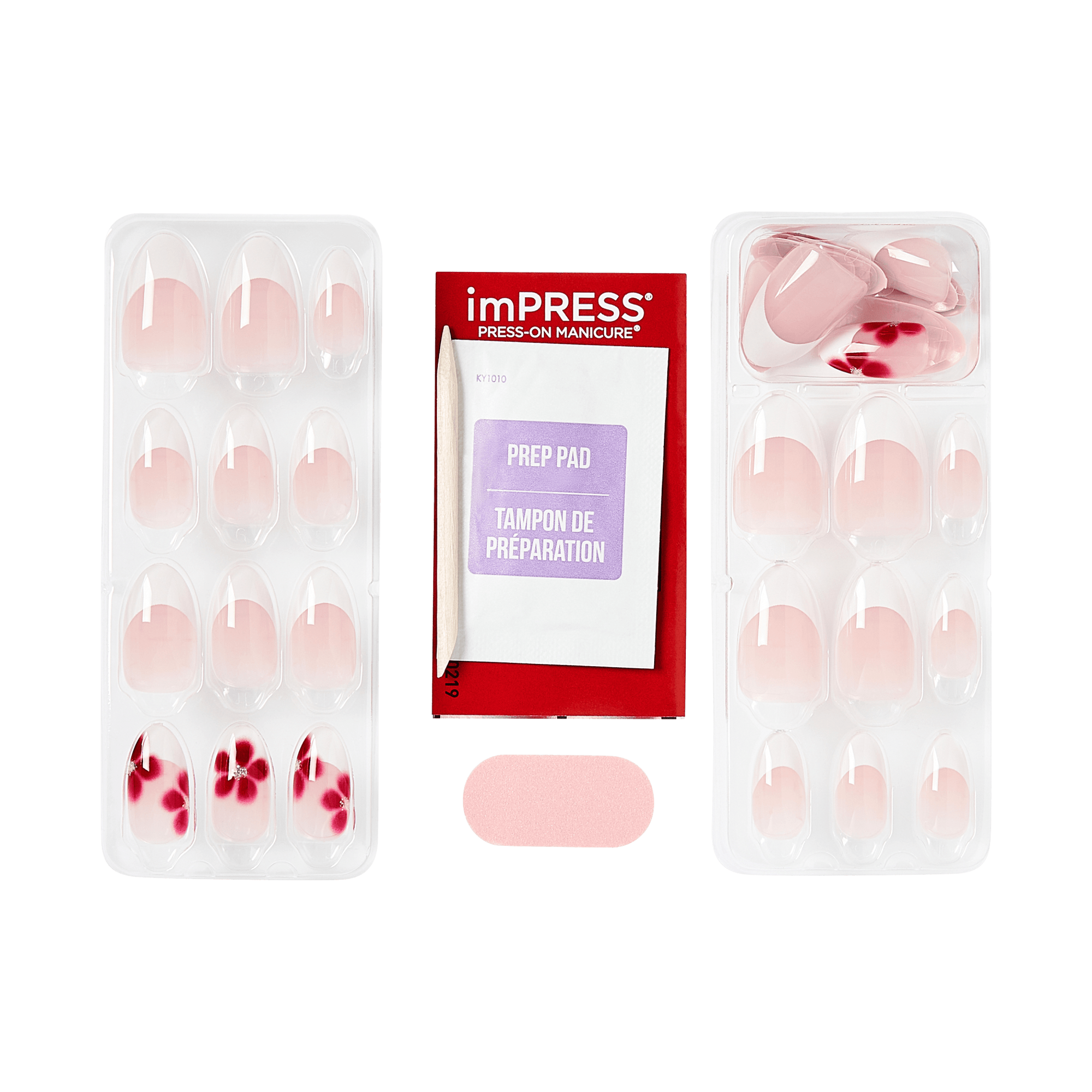 imPRESS press-on manicure packaging with pink nails featuring red and white designs, a prep pad and a pink file