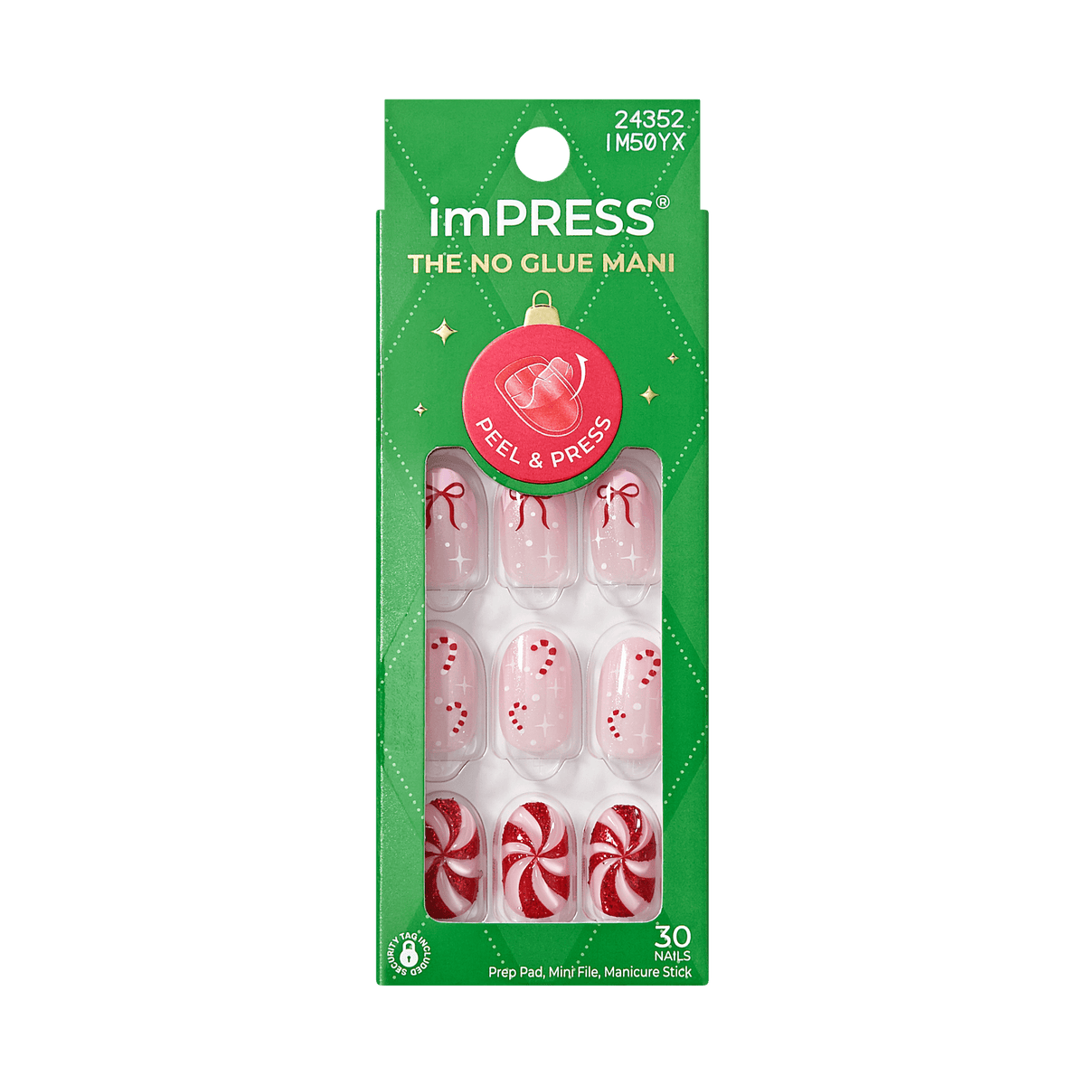 Impress Design Holiday No Glue Fake Press On Nails - Frost | Design, Pink, Short, Oval, Manicure