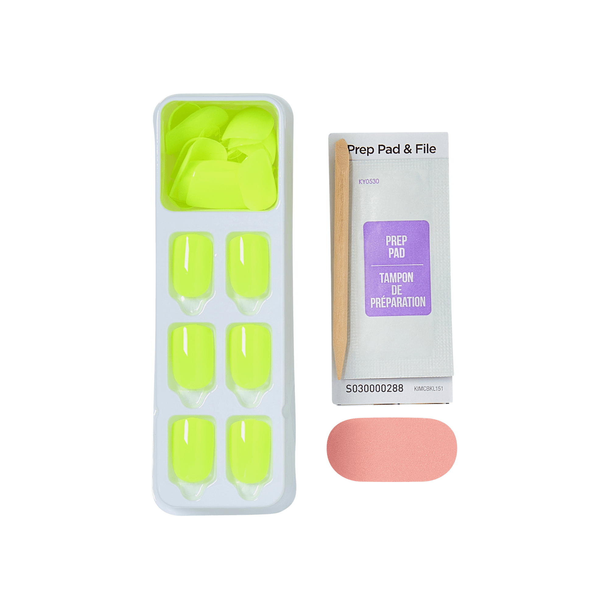 Neon green press-on nails, prep pad and file kit, and pink nail file on white background.